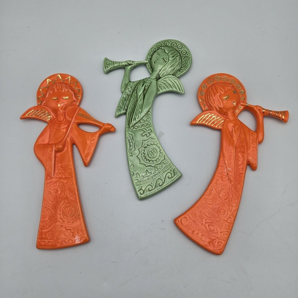Vintage Ceramic Angels Playing Music Instruments Set of 3 Wall Plaque MCM Kitsch